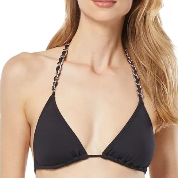 MICHAEL KORS Women's silver ChainString Triangle Bikini Embellished Top in black - Picture 1 of 7